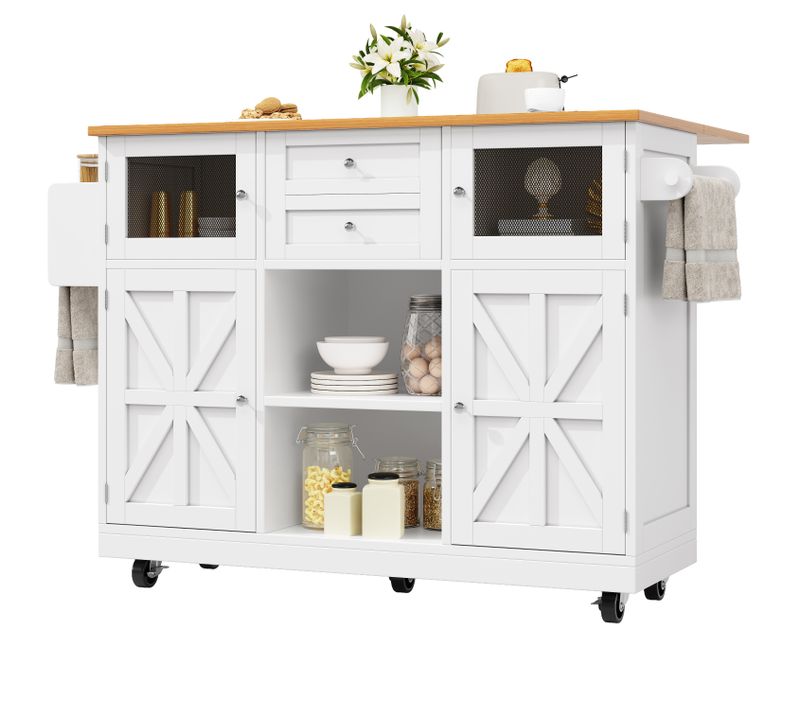 Îlot De Cuisine Multifonction Avec Plan Bois, Roulettes 360°, Rangement Modulable, Blanc