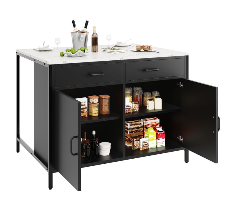 Îlot De Cuisine Noire Avec Plateau Effet Marbre, Rangement Et Pieds Réglables
