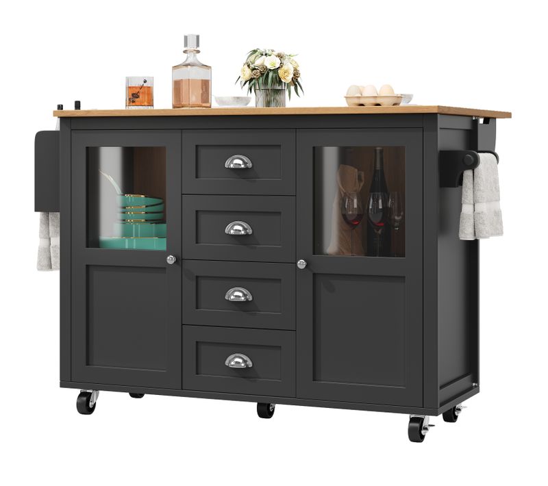 Îlot De Cuisine Moderne Avec Table Pliante, Rangements Multiples, Roulettes, Noir