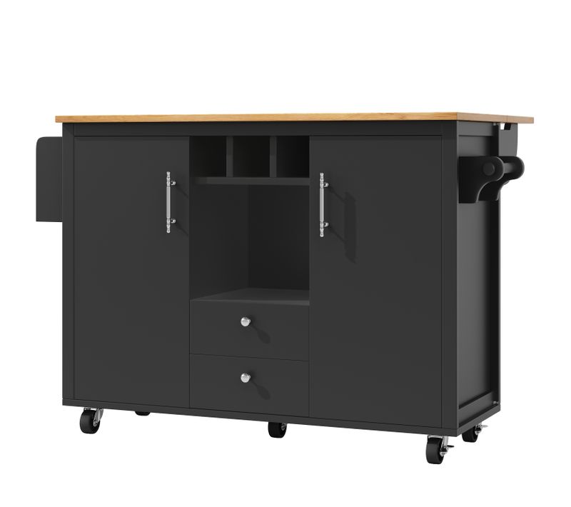 Îlot De Cuisine Multifonction Avec Table Pliante, Rangements, Roulettes, Noir