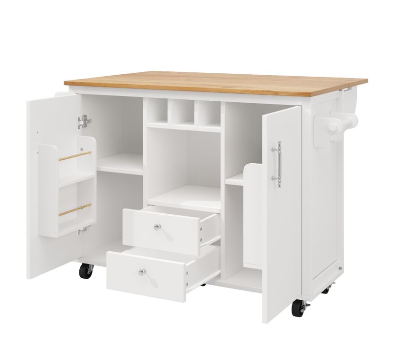Îlot De Cuisine Multifonction Avec Table Pliante, Rangements, Roulettes, Blanc