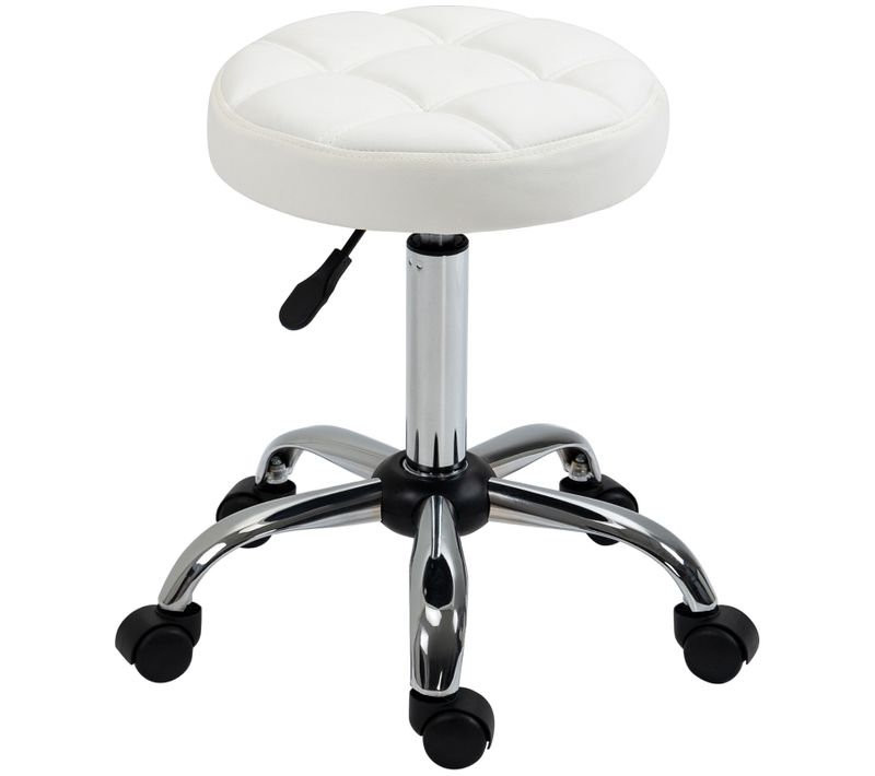 Tabouret De Travail Pivotant à Roulettes, Hauteur Réglable, Simili Cuir Blanc Ø35,5 X 51-67 Cm