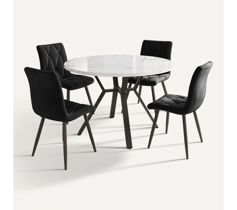 Table Ronde Effet Marbre Et 4 Chaises En Suédine Noire Moderne, Pieds En Métal Noir