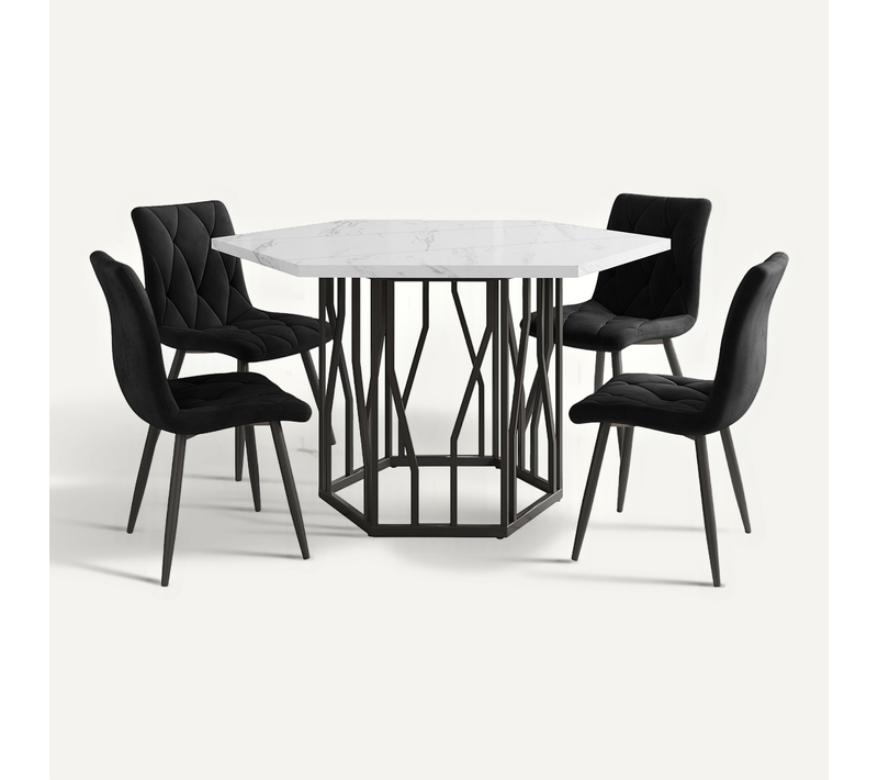 Table Hexagonale Effet Marbre Avec 4 Chaises En Velours Gris, Pieds En Métal Noir