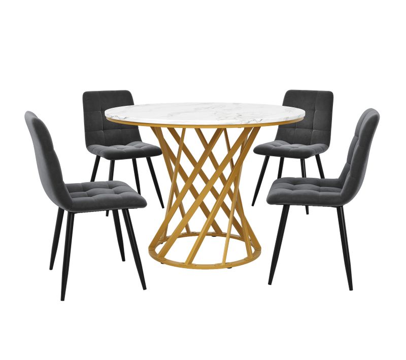 Ensemble Table Ronde Blanche D.80 Cm Avec 4 Chaises Gris Foncé, Pieds En Métal Doré