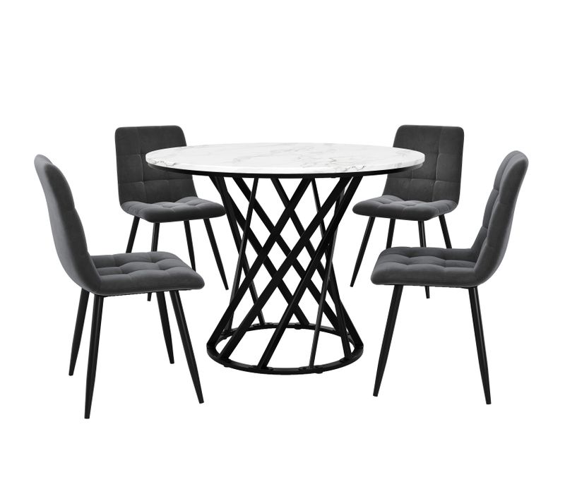 Ensemble Table Ronde Blanche D.80 Cm Avec 4 Chaises Gris Foncé, Pieds En Métal Noir
