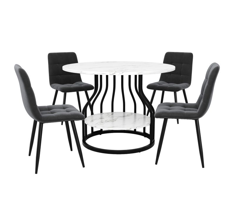 Table Ronde Ø80 Cm Avec 4 Chaises En Velours Gris, Ensemble Cuisine 5 Pièces