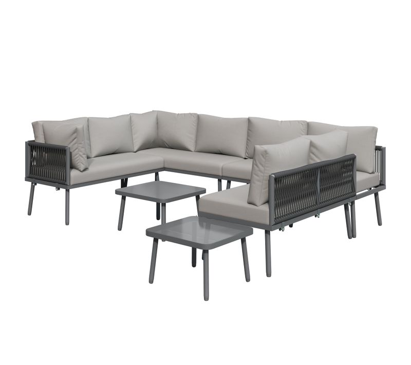 Salon De Jardin 8 Places En Fer Galvanisé Avec Coussins Et Tables En Verre Gris