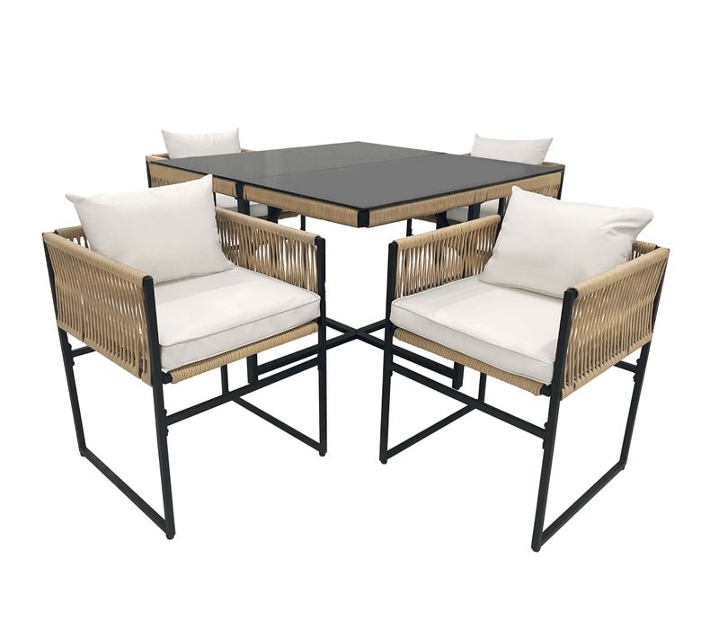 Salon De Jardin 5 Pièces Avec Table En Verre Et 4 Chaises Empilables, Corde Tressée