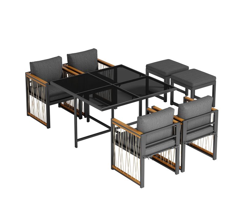 Ensemble Repas Extérieur 7 Pièces Pour 6 Personnes, Table Verre Trempé Et Accoudoirs Acacia