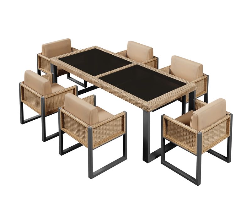 Ensemble Repas Jardin 6 Places En Polyrattan Avec Coussins Amovibles Et Table Verre Trempé