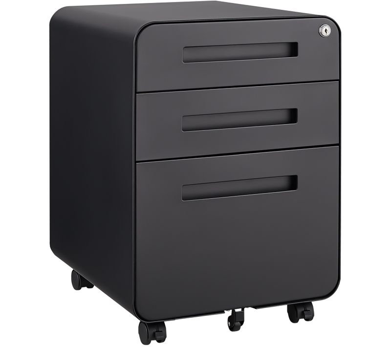 Caisson Mobile 3 Tiroirs Noir Avec Roulettes, Serrure Et Rangement Dossiers