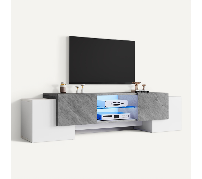 Meuble TV Blanc Et Gris 180x40x46,5 Cm Avec LED Bluetooth, Compatible TV 60-70"