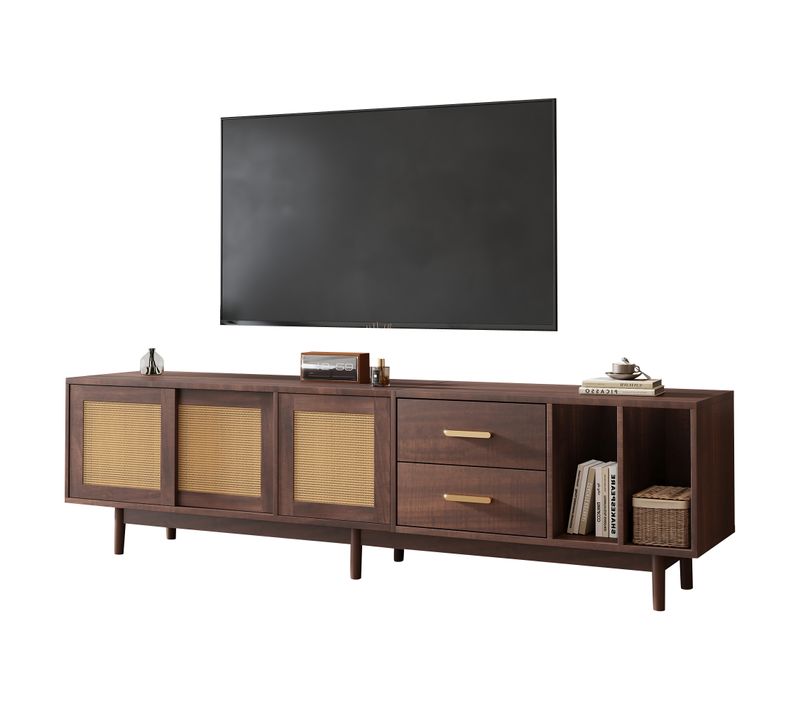 Meuble TV En Mdf Brun Avec Portes En Rotin, 190x40x52 Cm, Grand Rangement, Pour TV 75"