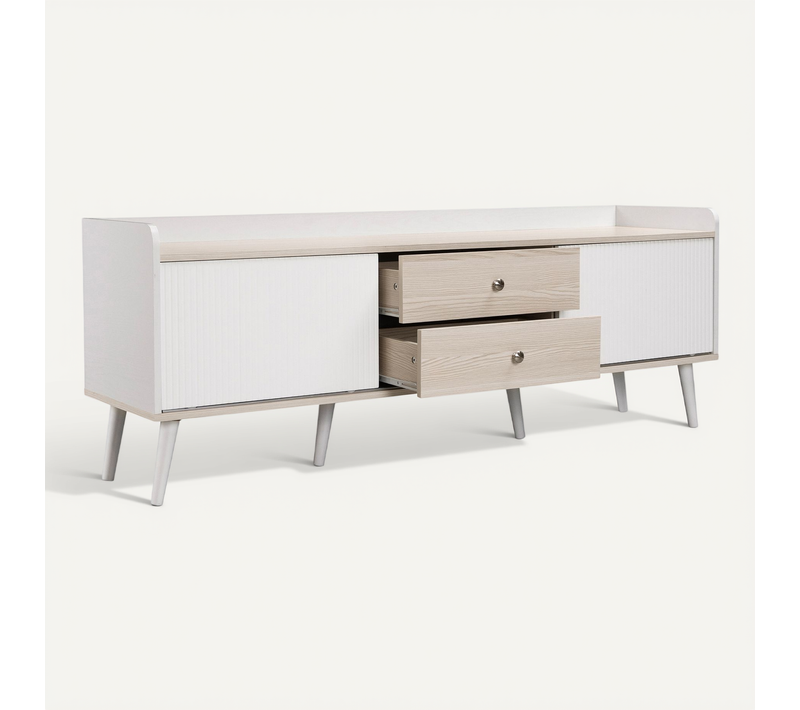 Meuble TV Avec 2 Tiroirs Et Portes Coulissantes, Finition Bois Naturel Et Blanc, 160 Cm