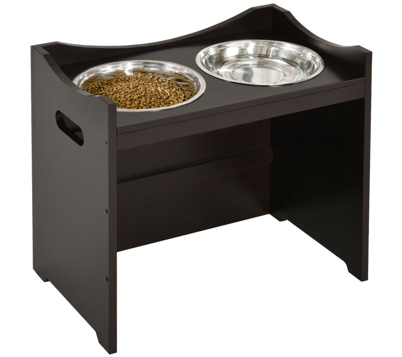 Gamelle Réglable Pour Chien Et Chat Avec Bols Inox, Support Bois Mdf, 54x31,5x47 Cm, Marron