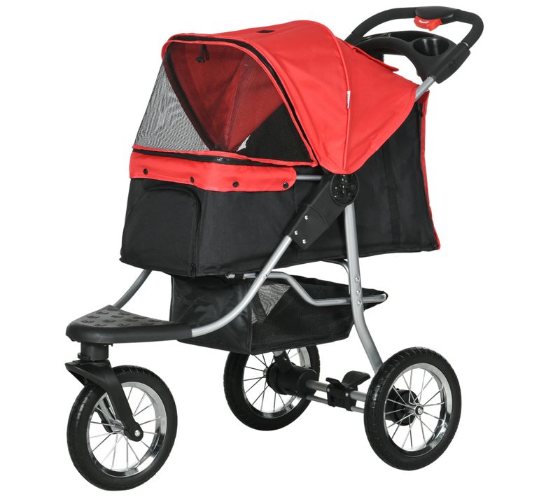 Poussette Pliable 3 Roues Pour Chiens Et Chats, Rouge Et Noir, 25 Kg Max