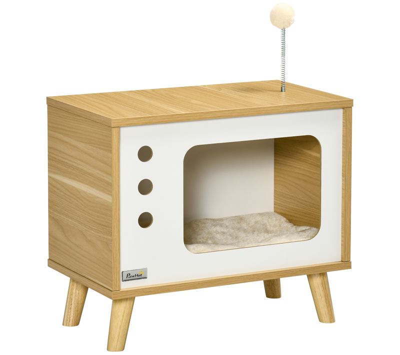 Maison Pour Chat Design TV Avec Coussin Et Balle De Jeu, Chêne/beige/blanc
