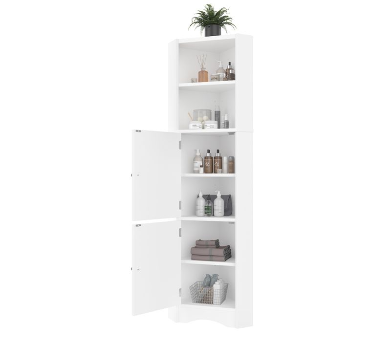 Meuble De Salle De Bain D’angle Blanc 51,7x32x155,4 Cm Avec Portes Et étagères Réglables
