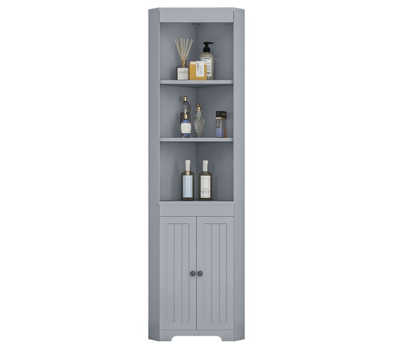 Meuble Haut D’angle Salle De Bain Gris 49,5x35x170 Cm Avec Portes Et Étagères Réglables