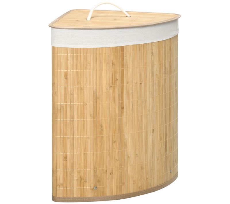 Panier à Linge D’angle En Bambou 55l Avec Couvercle Et Sac Amovible Blanc Naturel
