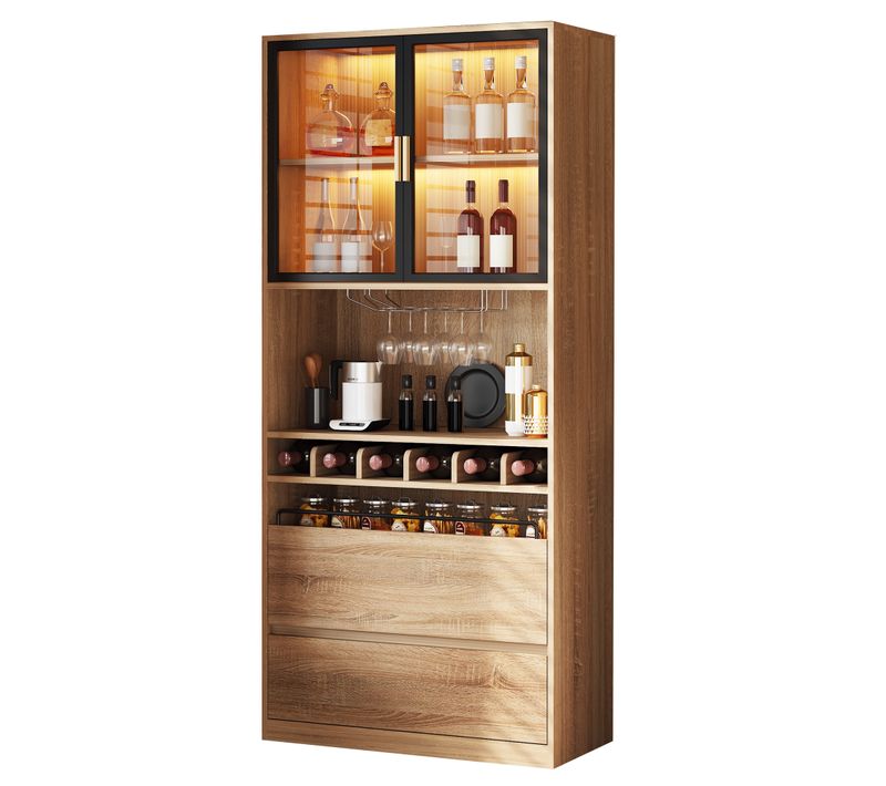 Armoire Salle De Bain Avec Vitrine, Portes Vitrées Et Éclairage LED 180 Cm