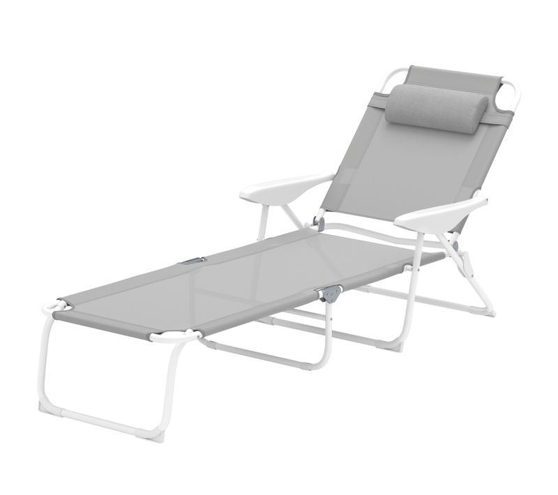 Transat Pliant Avec Dossier 4 Positions, Coussin, Résistant Aux Intempéries, Gris Clair
