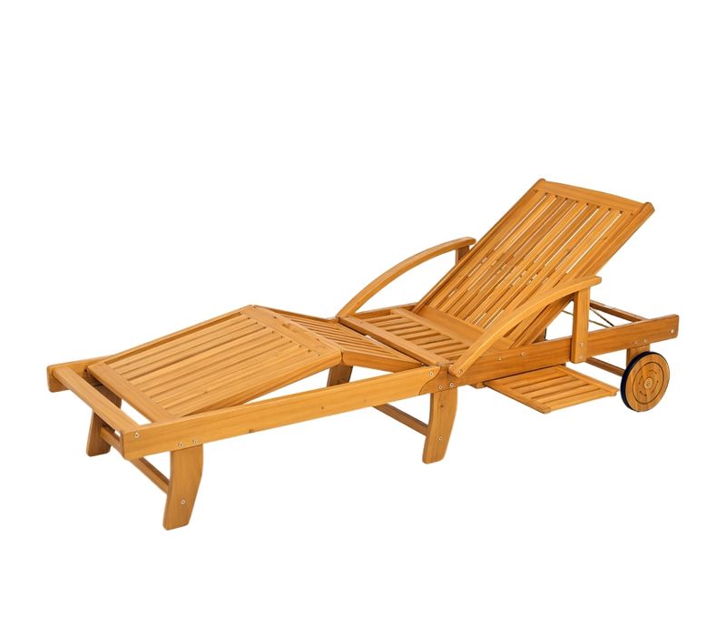 Chaise Longue Pliante En Bois Avec Table D’appoint Et Roulettes, Réglable 4 Positions, Teck