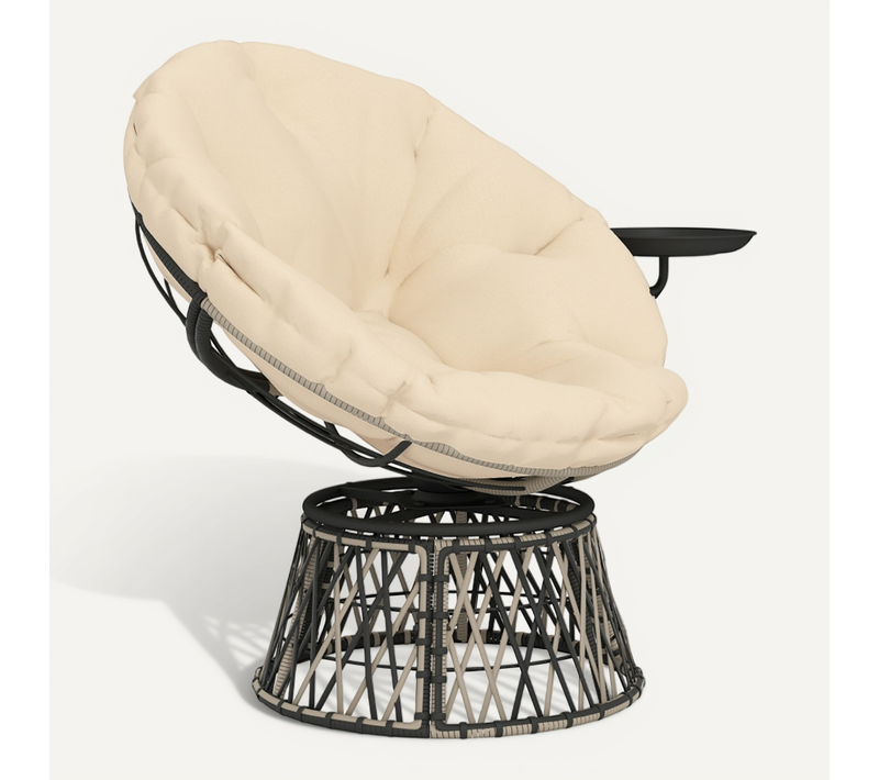 Fauteuil Papasan Rotatif 360° En Rotin Avec Coussin, Table Latérale Intégrée, Beige