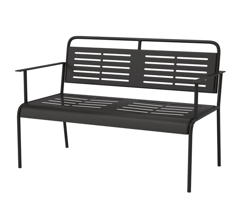 Banc De Jardin 2 Places En Acier Noir, Design à Lattes, Résistant à L'eau