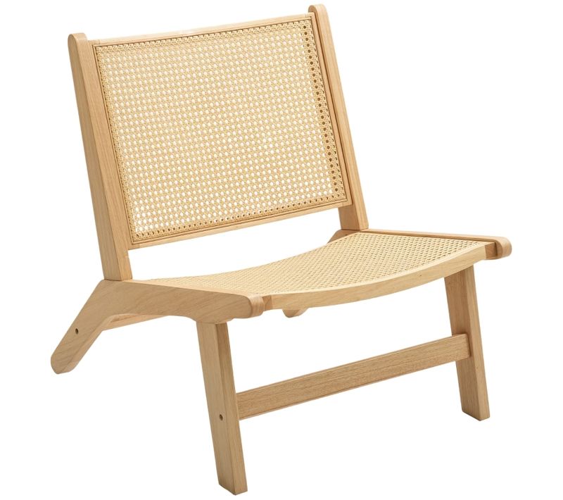 Fauteuil Sans Accoudoirs En Bois Naturel Avec Dossier En Rotin, Chaise De Lecture