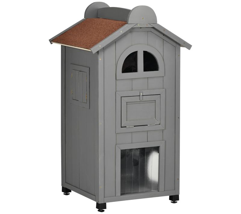 Maison Pour Chat 2 Étages En Sapin Avec Toit Bitumé, Balcon Et Hublots, Gris