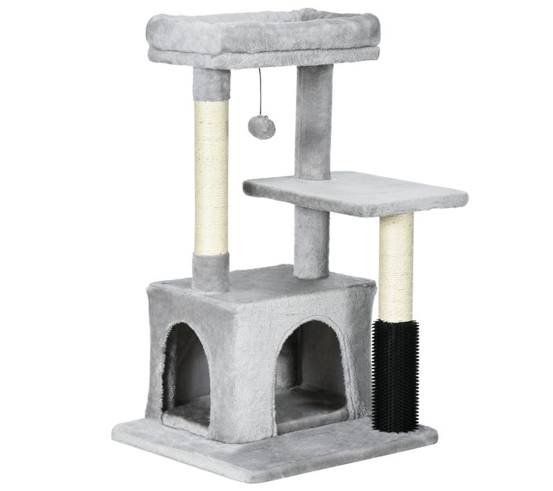 Arbre à Chat Multifonction Avec Niche, Litière Et Coussin Lavable, Gris Clair 48x48x85 Cm