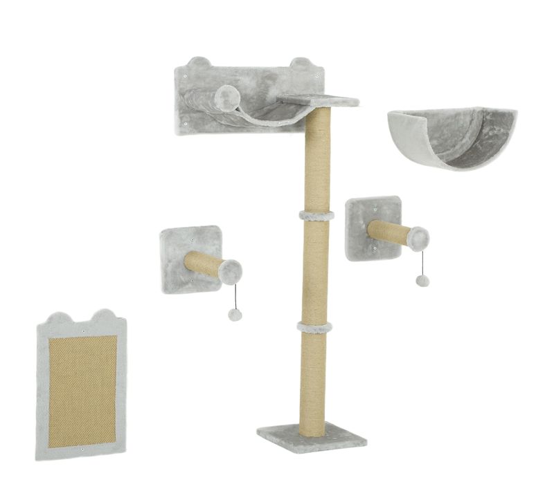 Set Mural Pour Chat 5 Pièces Avec Griffoirs, Hamac Et Plateformes, Gris Clair