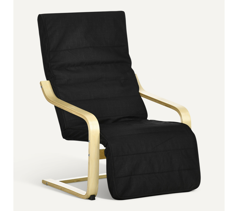 Fauteuil relax suspendu en lin noir avec repose-pieds réglable, structure en bois de bouleau