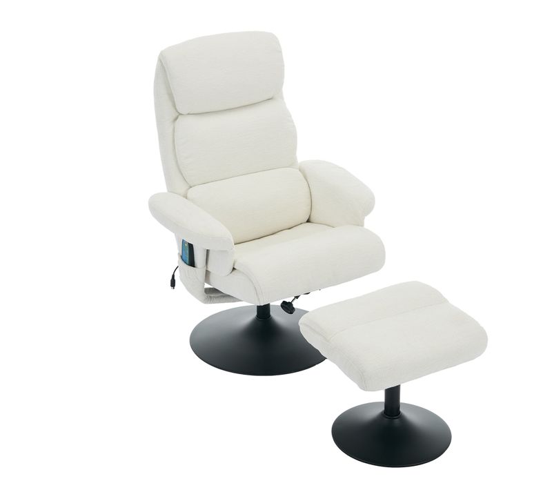 Fauteuil Relax Blanc En Chenille Avec Massage 5 Points, Chauffage Et Repose-pieds