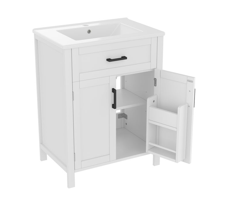 Meuble De Salle De Bain Blanc 60x46x84,8 Cm Avec Double Porte Et Vasque Céramique