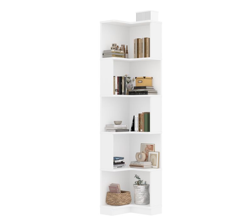 Bibliothèque D’angle En L Avec LED Multicolores, 5 Niveaux, Blanc