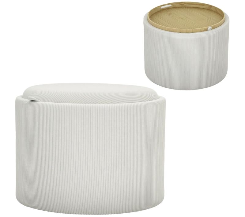 Pouf Rond Avec Rangement Et Couvercle, Assise En Velours Côtelé 56x56x42 Cm