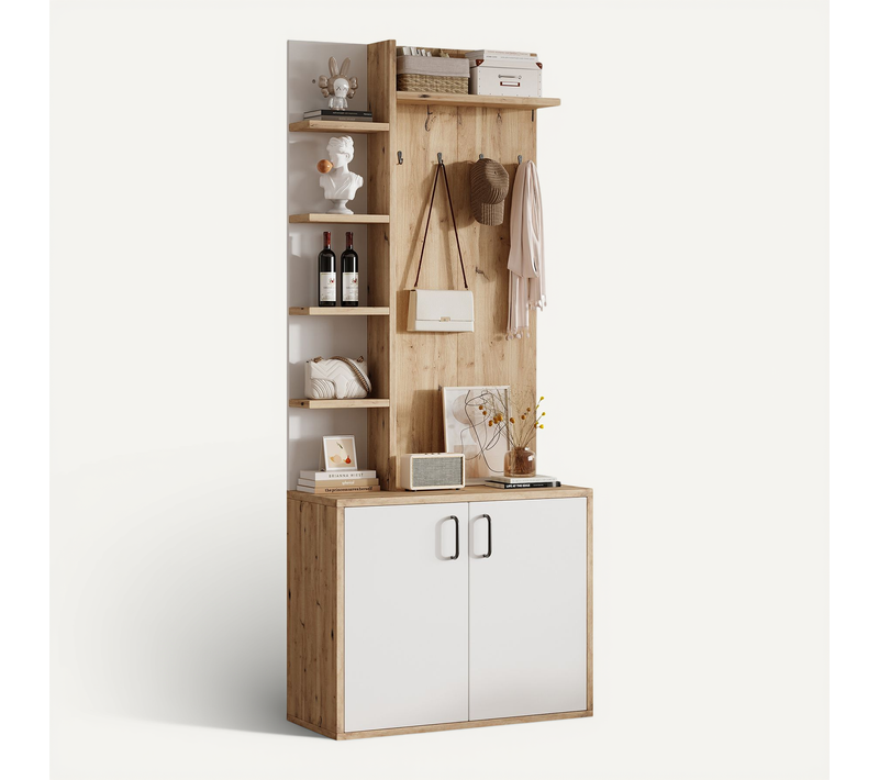 Vestiaire D’entrée Avec Rangements Ouverts Et Fermés, Bois Et Blanc, 75x33x180 Cm