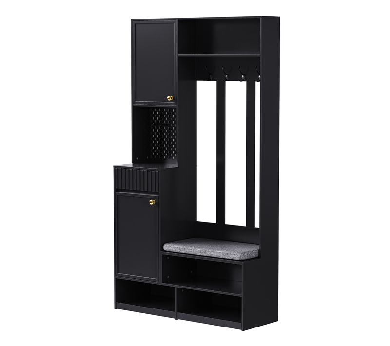 Vestiaire D'entrée Complet Avec Banc, Crochets Et Tiroirs, Armoire Noire 100x180x35 Cm