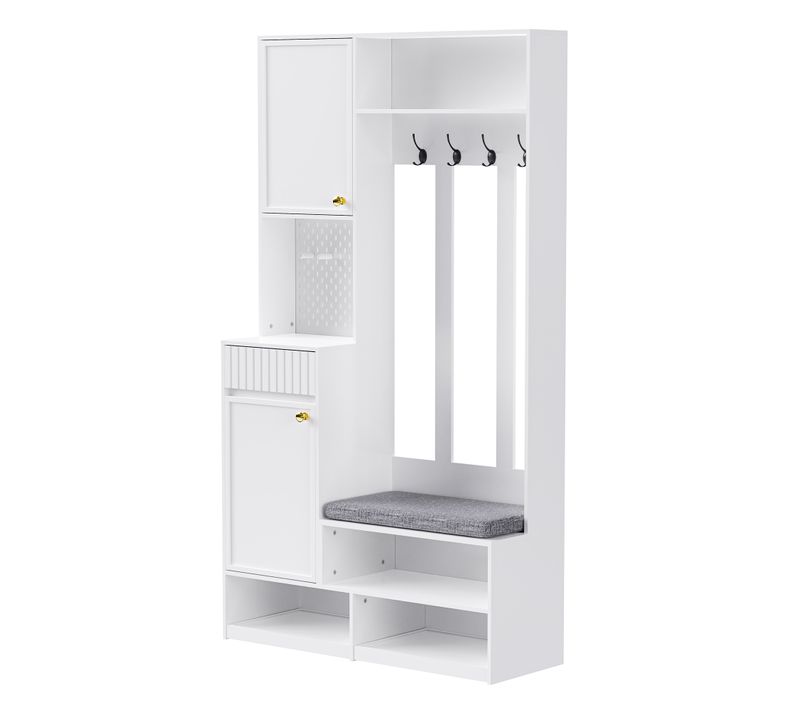 Vestiaire D'entrée Complet Avec Banc, Crochets Et Tiroirs, Armoire Blance 100x180x35 Cm