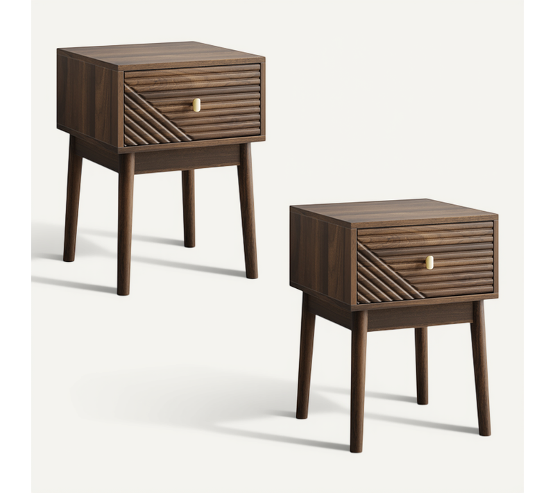 Lot De 2 Tables De Chevet Style Mid-century Noyer Avec Rainures Et Poignées Métal, 40x40x55 Cm