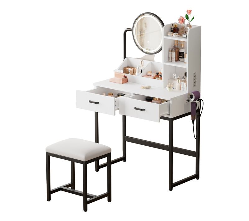 Coiffeuse Moderne Blanche Avec LED, Miroir Pivotant, Hocker Et Prises Intégrées, Noir Dorée
