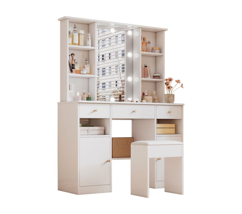 Grande Coiffeuse Blanche Avec LED Réglable, Miroir, 3 Tiroirs Et 2 Portes