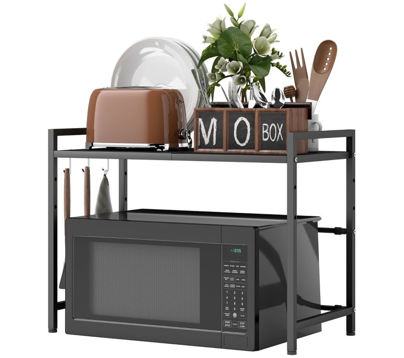 Support Micro-ondes Extensible Avec 3 Crochets, Étagère Cuisine Métal Noir