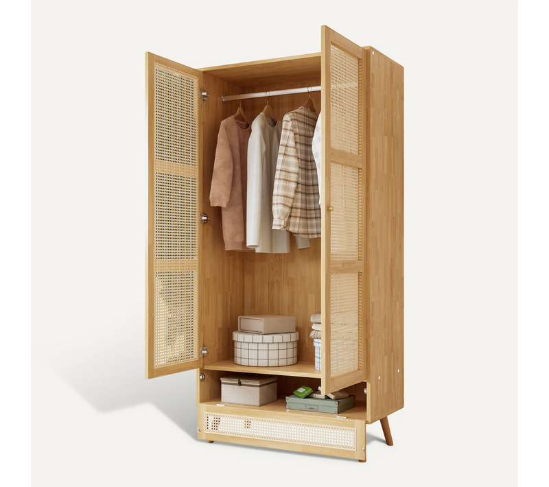 Armoire 2 Portes Avec Tringle Et Rattan, Rangement Naturel 90x45x183 Cm