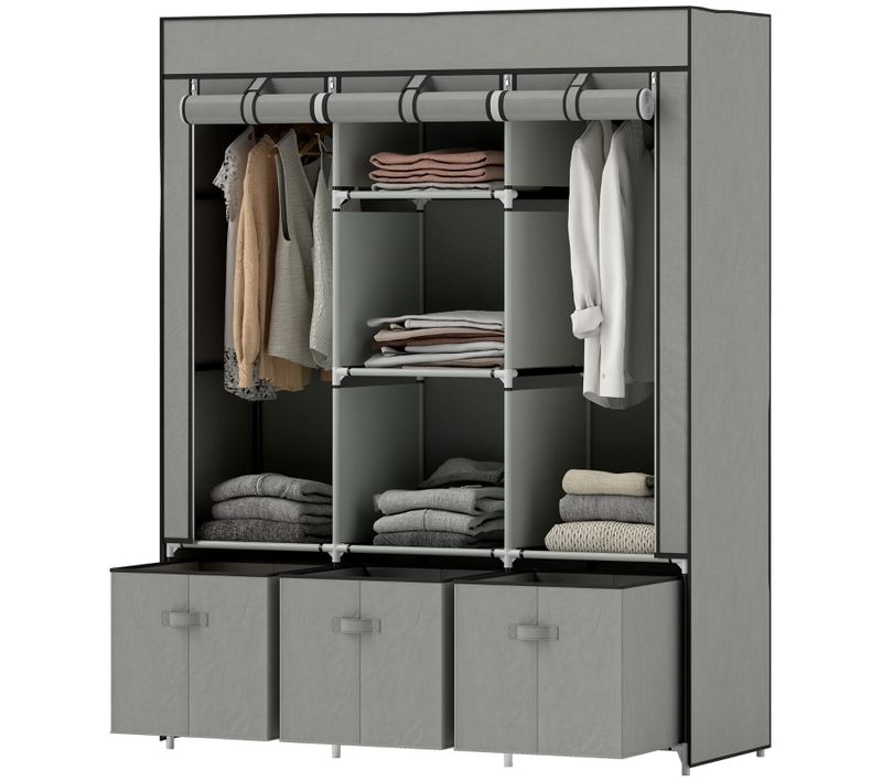 Armoire Textile Grise Avec Penderie, Étagères Et Tiroirs Pour Chambre
