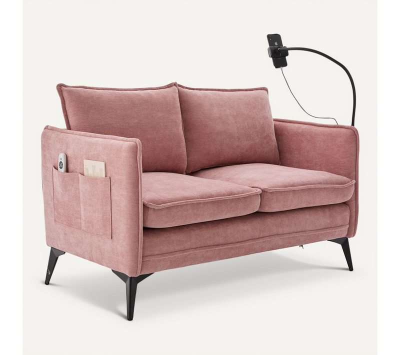 Canapé Double Moderne En Tissu Avec Rangement Et Porte Téléphone, Rose