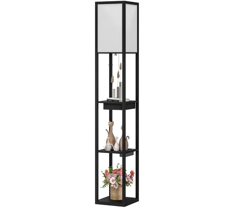 Lampadaire Avec Étagères Et Ports USB-a/usb-c, Abat-jour Tissu